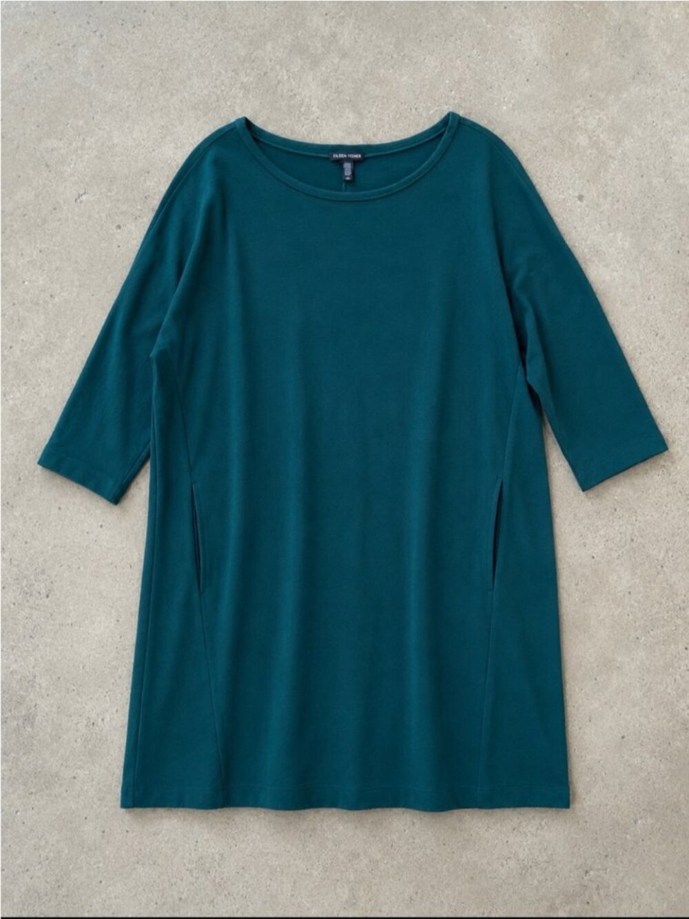 Eileen Fisher Tencel Lyocell Shift Dress Woman Large Teal Pockets 3/4 Sleeve